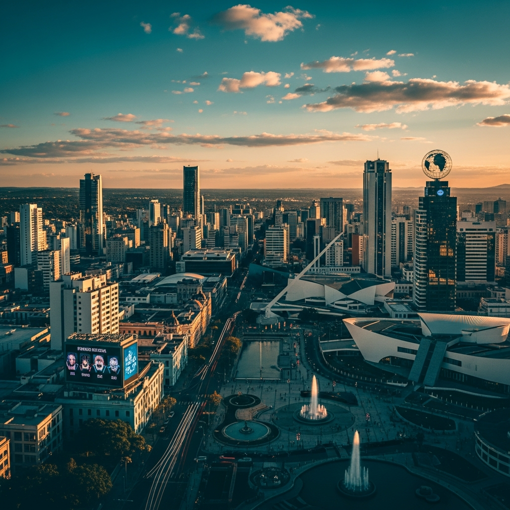 Aerial view of a modern Latin American city at golden hour, warm teal and navy color grade, editorial style, global connection feel