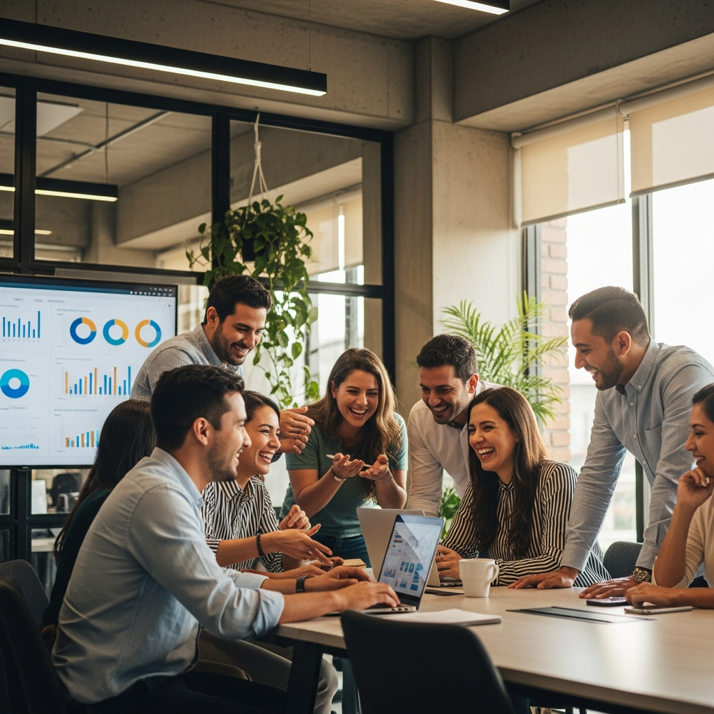 Latin American professional team in a bright modern office, candid moment of laughter and collaboration, warm editorial light, documentary style