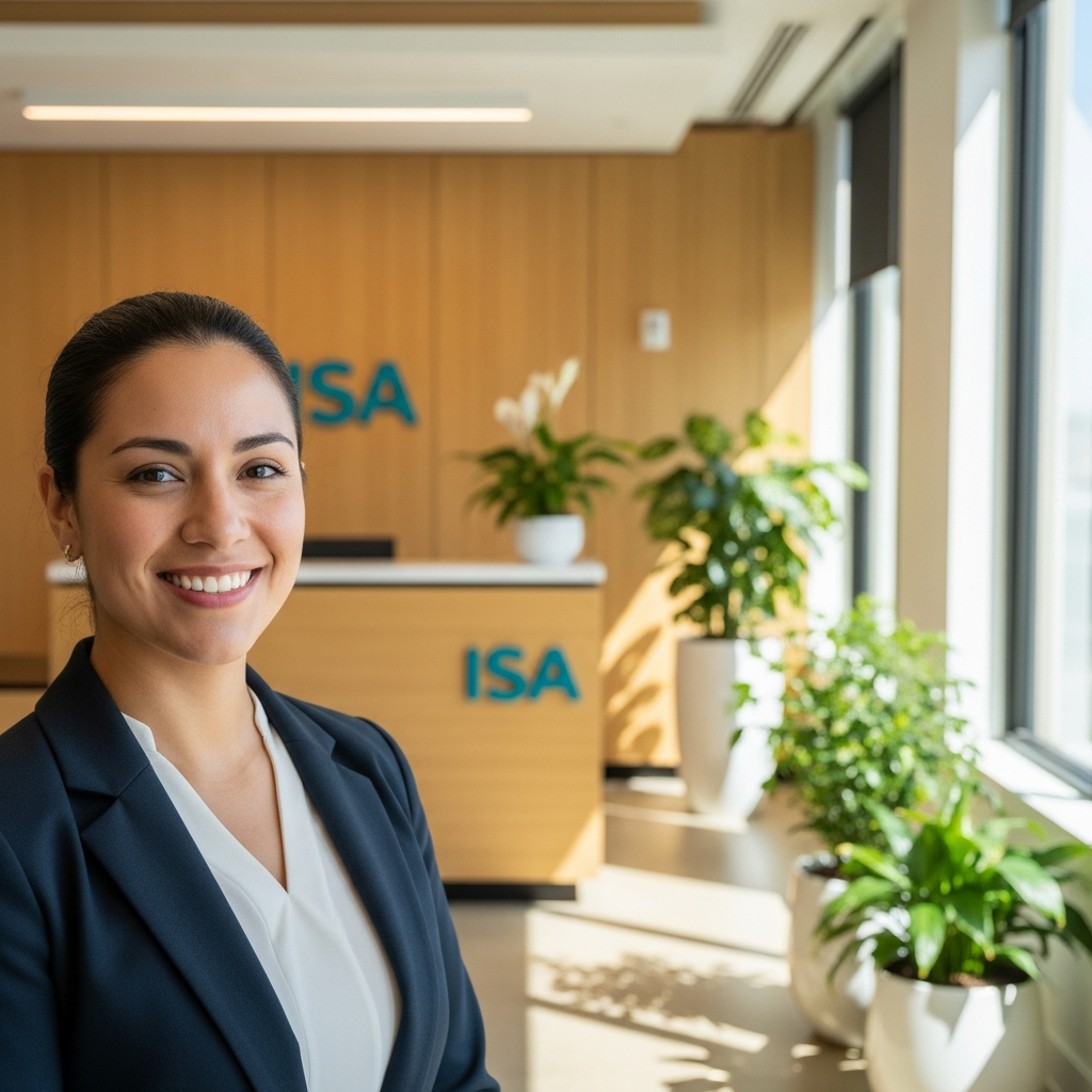 warm welcoming modern office reception, Latin American professional smiling at camera, plants and natural light, ISA brand teal tones, editorial documentary style