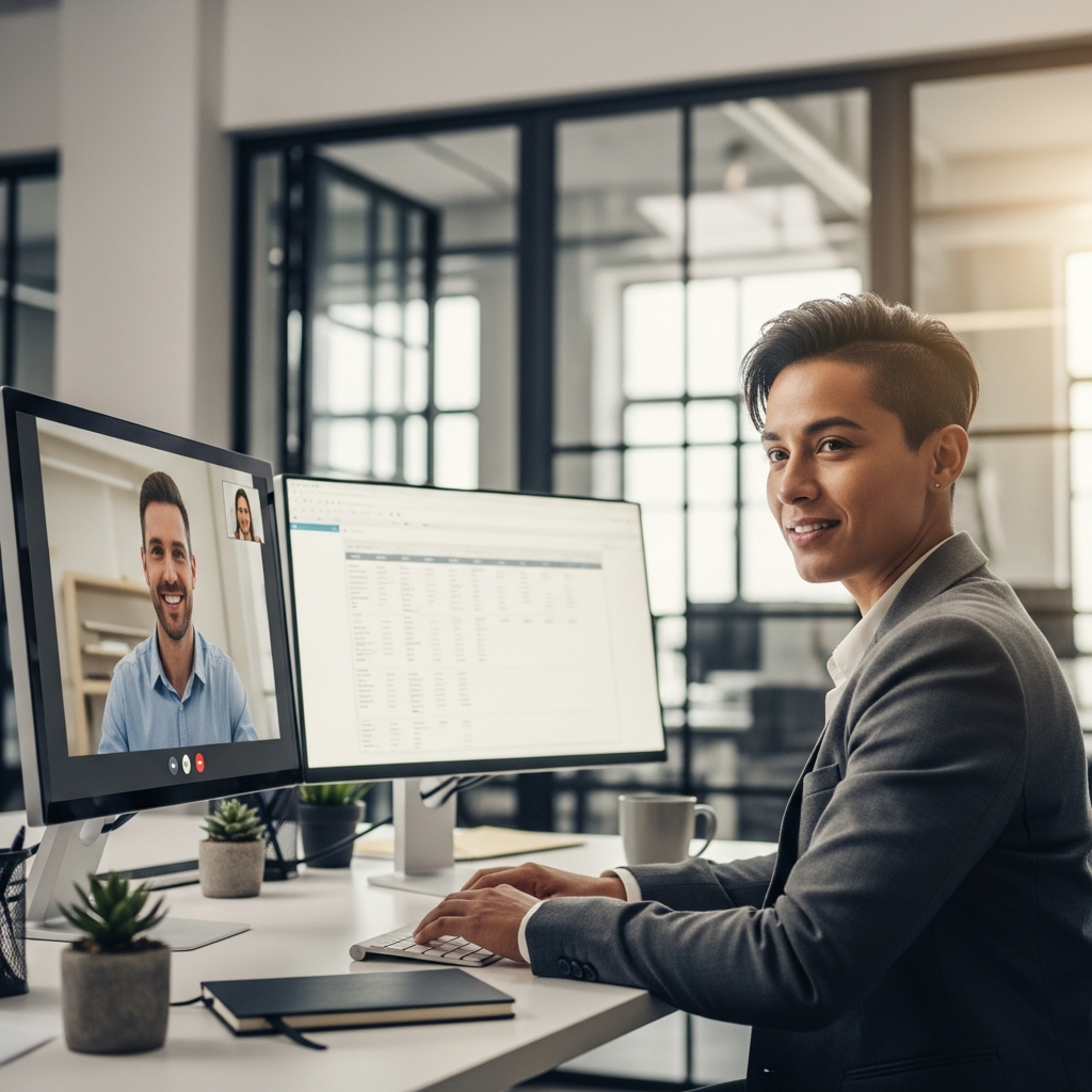 Latin American professional working confidently at desk with dual monitors, video call with US colleague visible on screen, bright modern office, editorial style