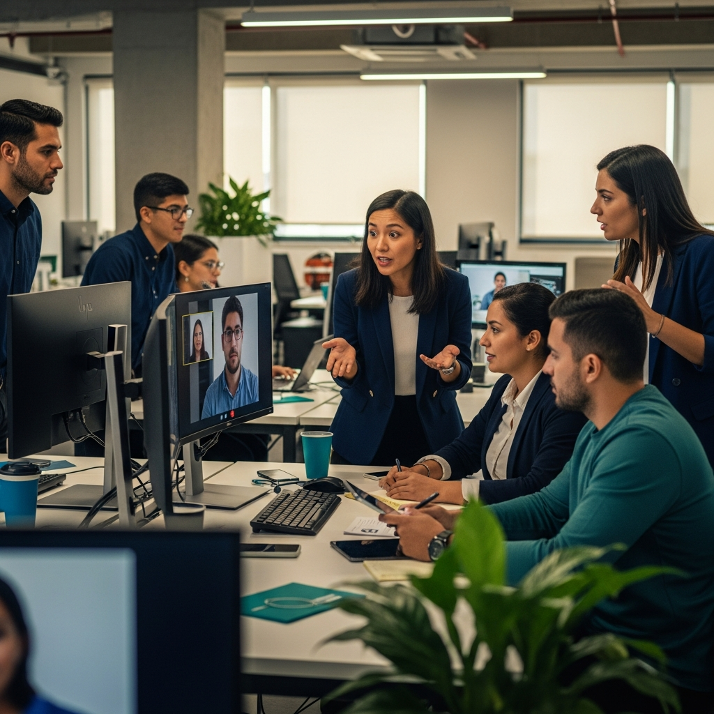 Latin American professional team in a modern open-plan office, collaborating at screens with US colleagues on video call, warm natural light, editorial documentary style, navy and teal tones