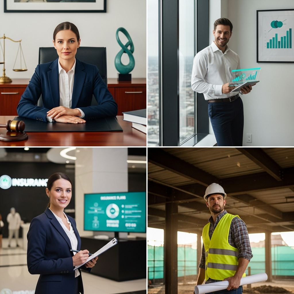 Collage-style split showing four professionals in different industries — legal, accounting, insurance, construction — each confident and focused, warm editorial lighting, teal accent tones