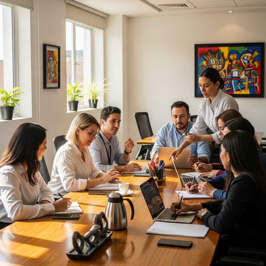 ISA team in a bright modern Colombian office, diverse professionals collaborating at a long table, warm natural light, candid documentary style