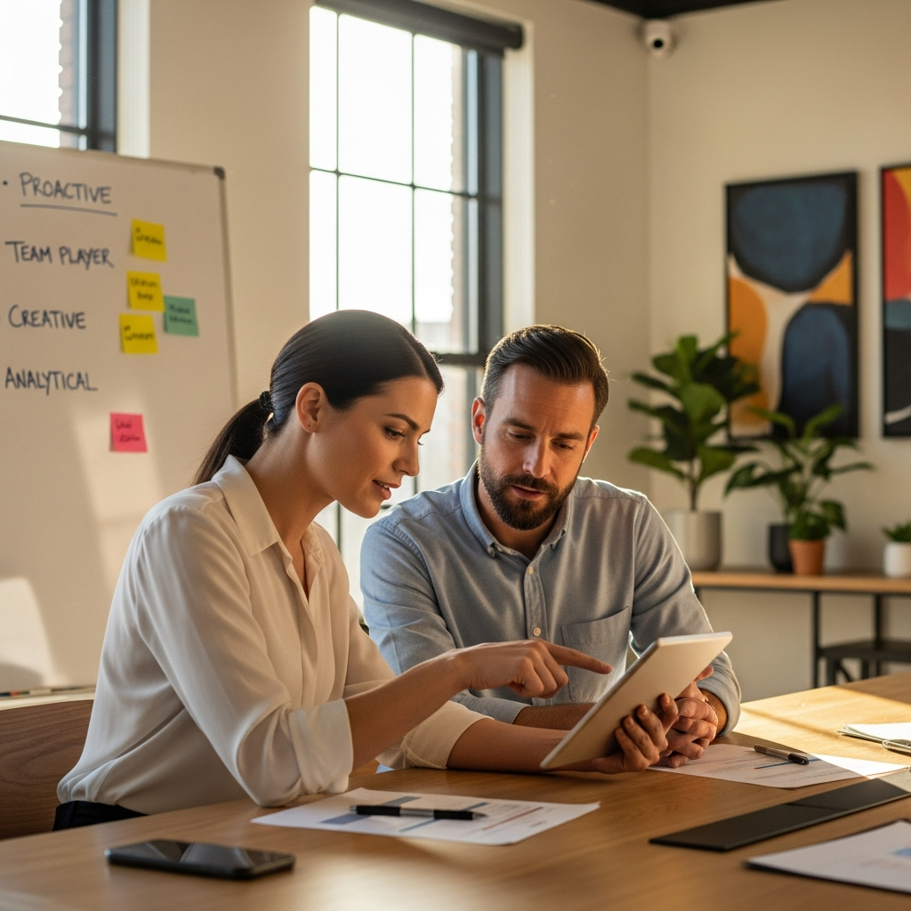 hiring manager reviewing candidate profile with advisor in modern office, whiteboard with personality notes, warm collaborative light, candid editorial