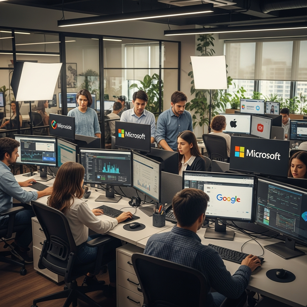 Latin American professional team in a modern office, focused at workstations, US company logos visible on screens, warm editorial lighting, collaborative atmosphere