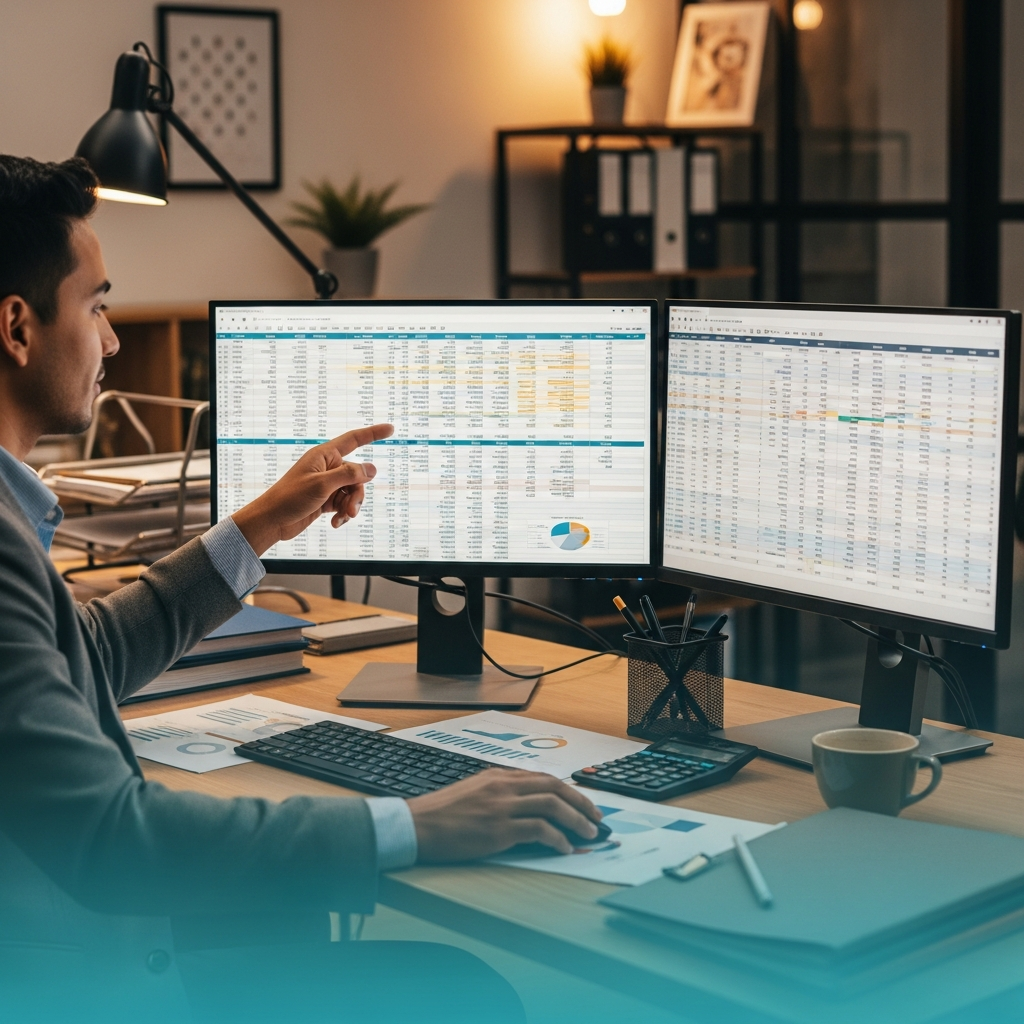 Video thumbnail style: Latin American accountant at desk reviewing spreadsheets on dual monitors, professional office, warm light, teal gradient overlay