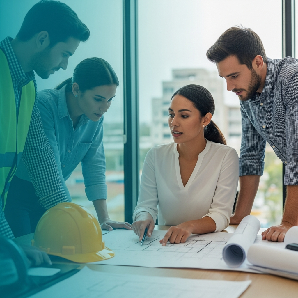Video thumbnail style: Latin American project coordinator reviewing construction plans with team, hard hat on desk, professional setting, teal gradient overlay