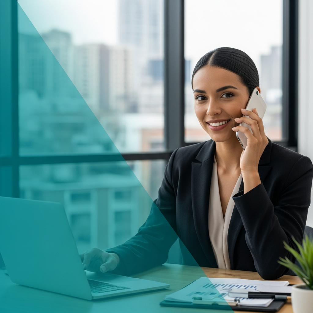 Video thumbnail style: Latin American insurance professional on phone at modern office desk, confident and professional, teal gradient overlay