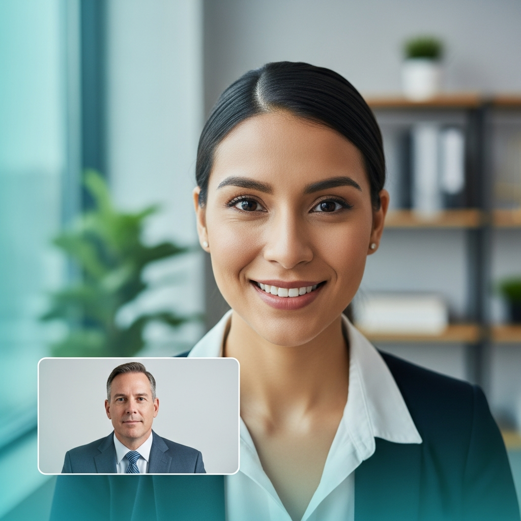 Video thumbnail style: Latin American paralegal professional on video call with US attorney, professional office background, confident expression, teal gradient overlay
