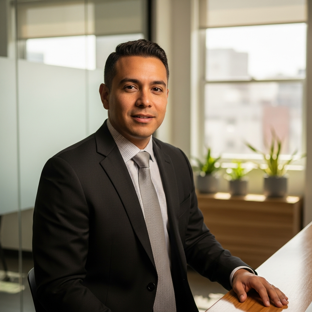 Confident Latin American professional presenting to camera in bright modern office, natural light, warm documentary portrait style